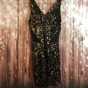 Trac sequin mini dress black gold deep v neck mesh